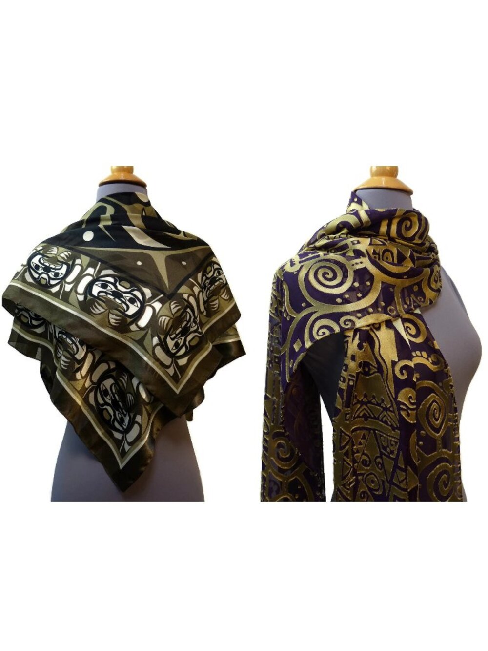 Lot Two Silk Scarves Keith Tait & Kitty Marriott Gold Brown Black Abstract Coast